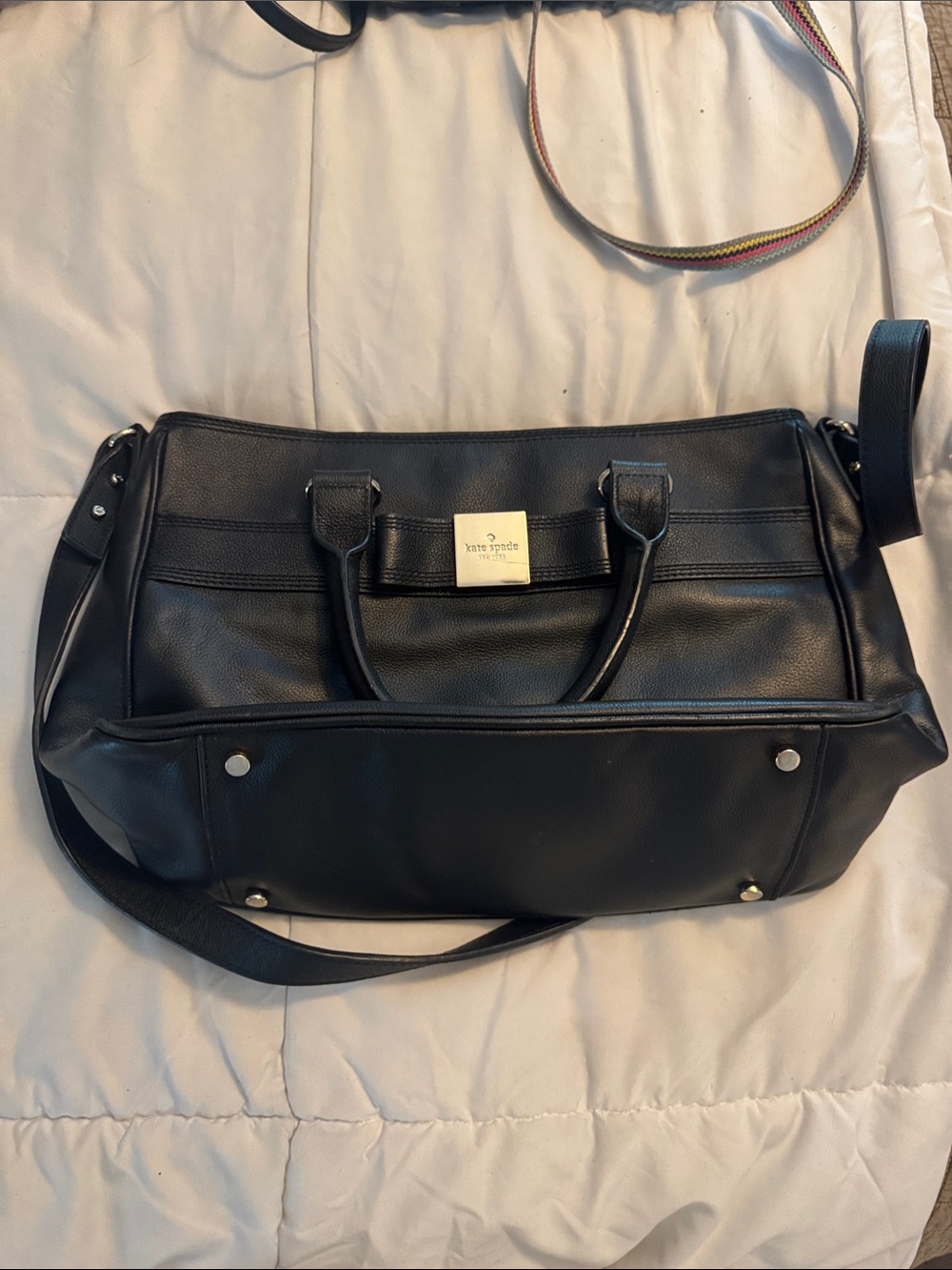 kate spade Black Leather Duffel with Silver Plaque